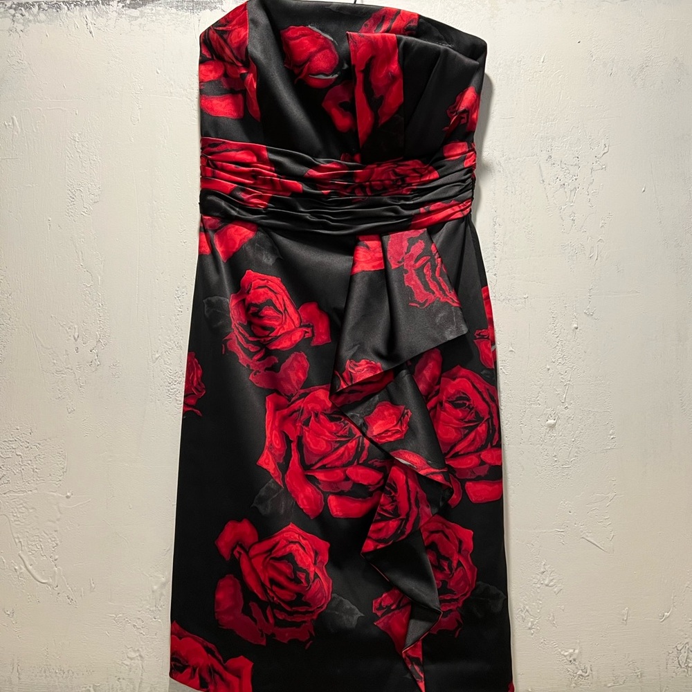 White House Black Market strapless Rose dress.